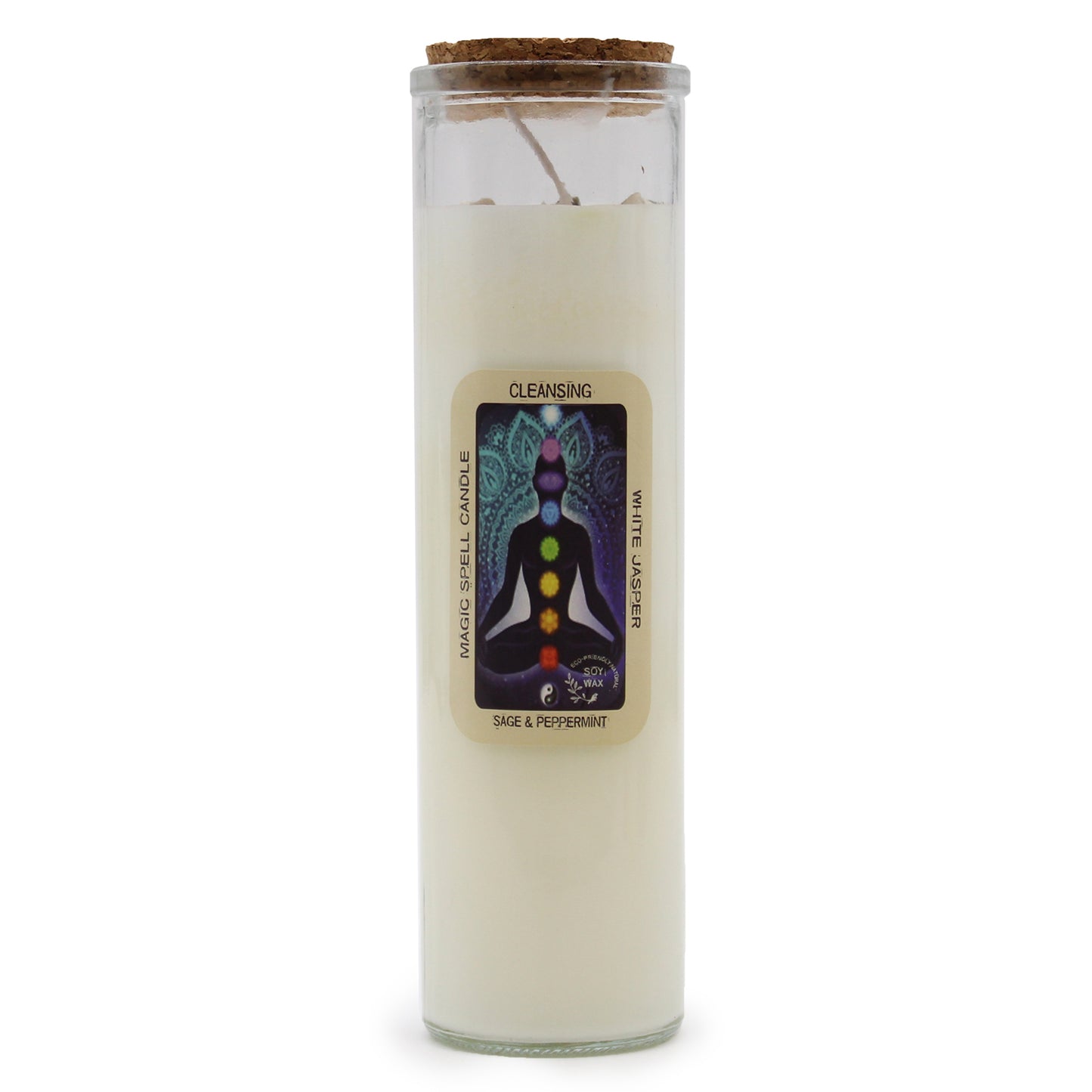CLEANSING Magic Spell Soy Wax Candle with WHITE JASPER gemstones and SAGE; PEPPERMINT fragrance