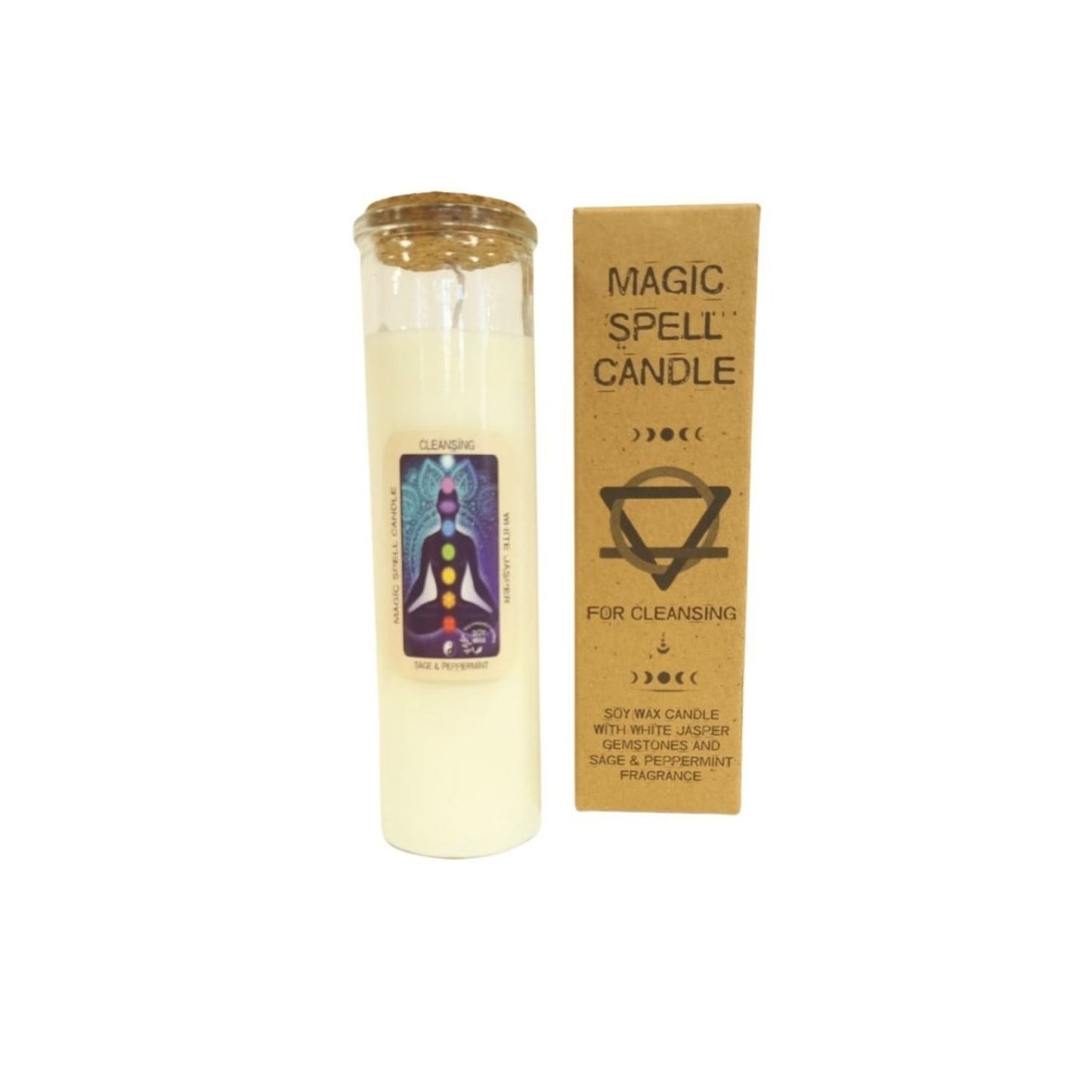 CLEANSING Magic Spell Soy Wax Candle with WHITE JASPER gemstones and SAGE; PEPPERMINT fragrance