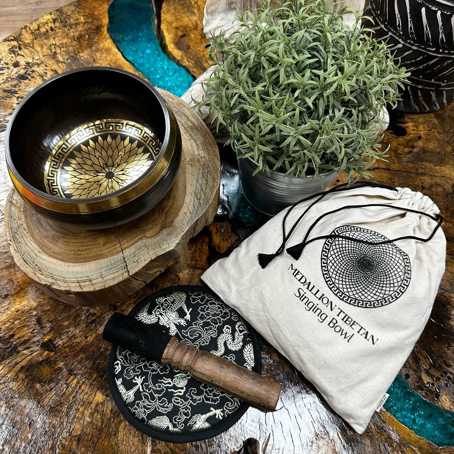 Hand Beaten & Engraved Brass Singing Bowl Gift Set - Round Medallions