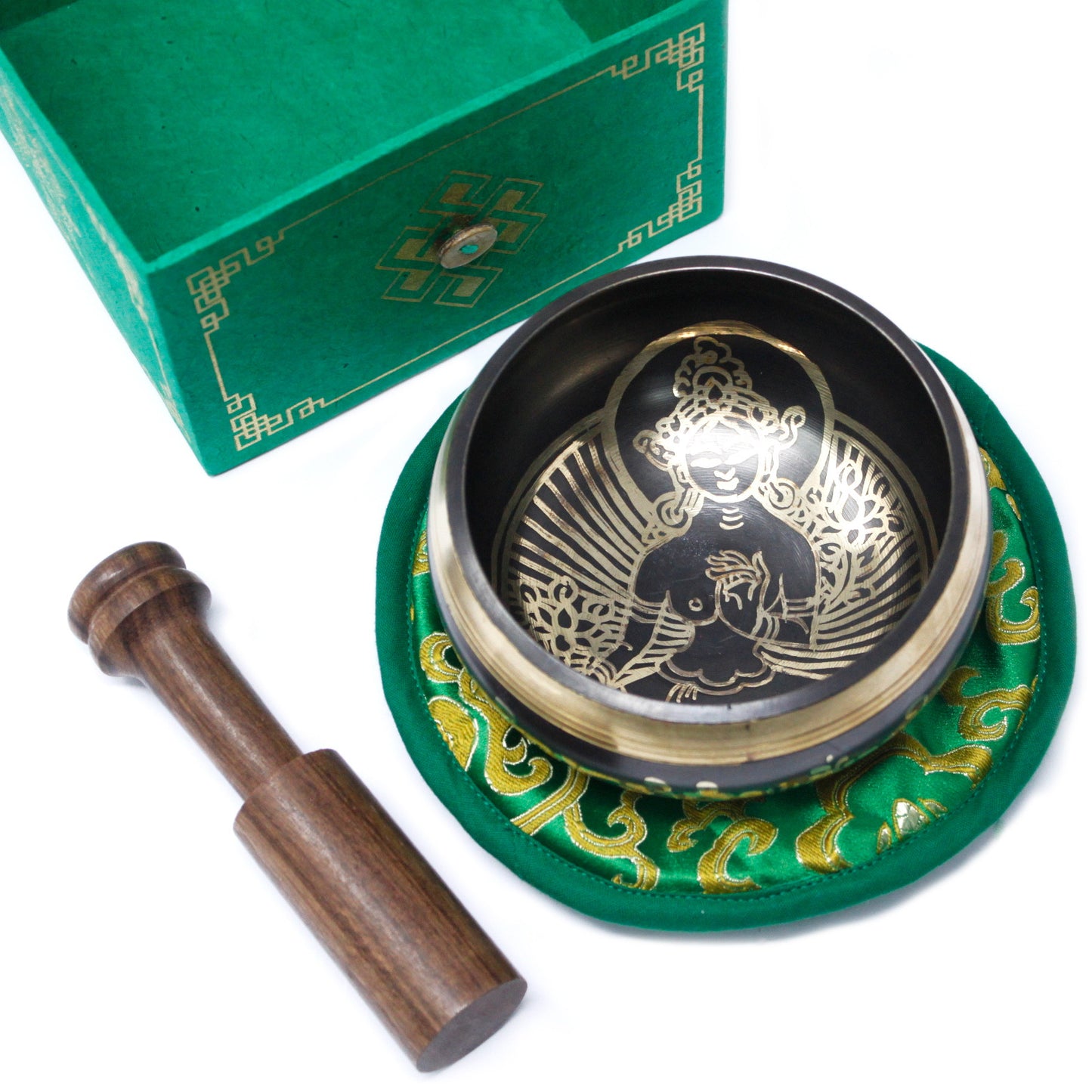 Green Tara Brass 10cm Singing Bowl Set