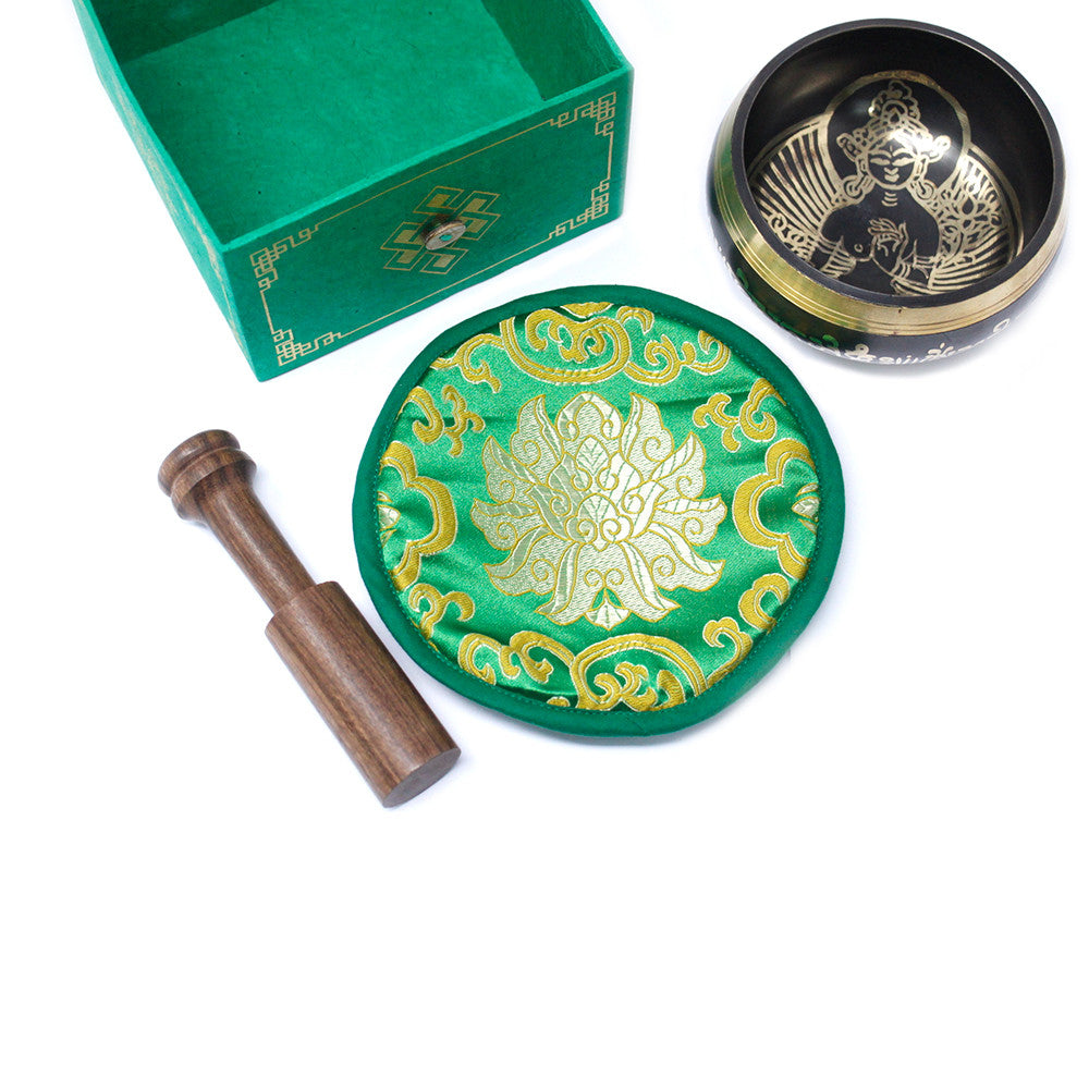 Green Tara Brass 10cm Singing Bowl Set