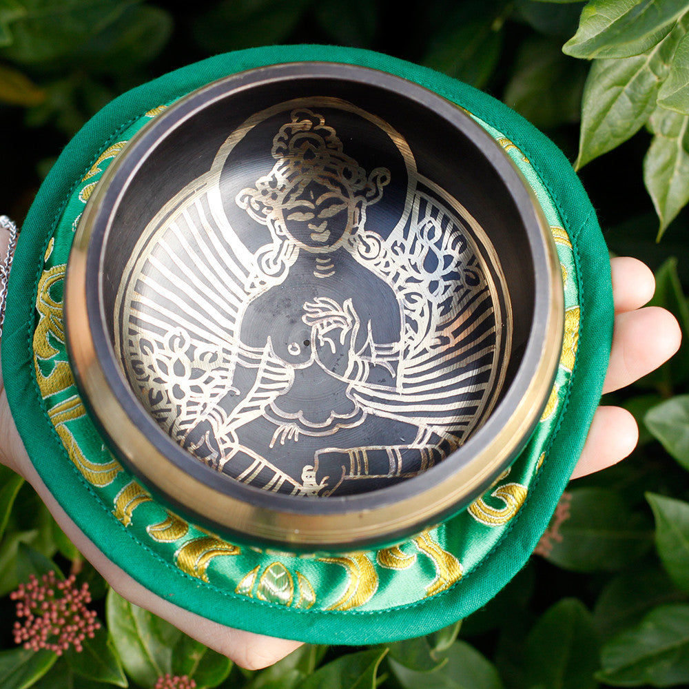 Green Tara Brass 10cm Singing Bowl Set