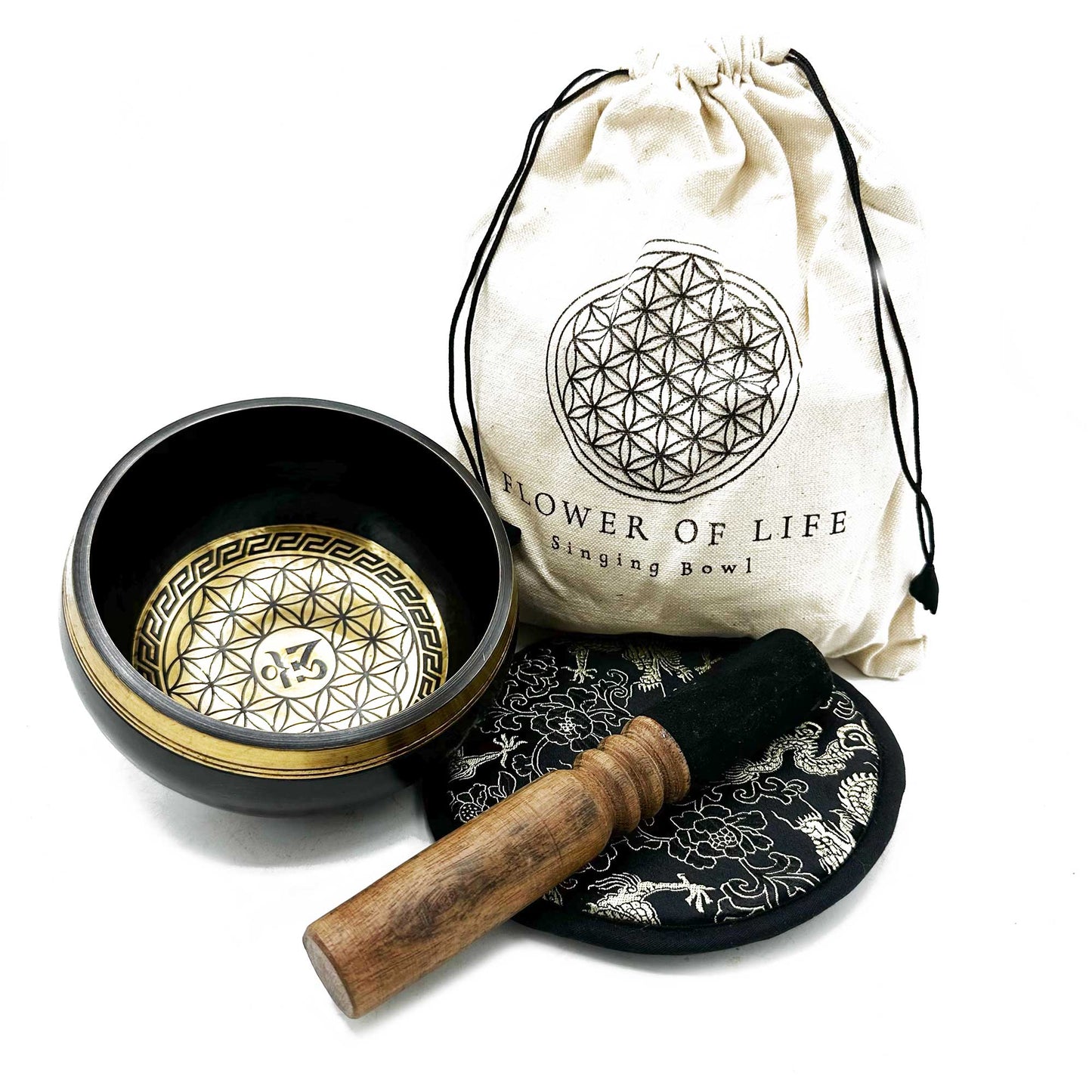 Hand Beaten & Engraved Brass Singing Bowl Gift Set - 14cm - Flower of Life