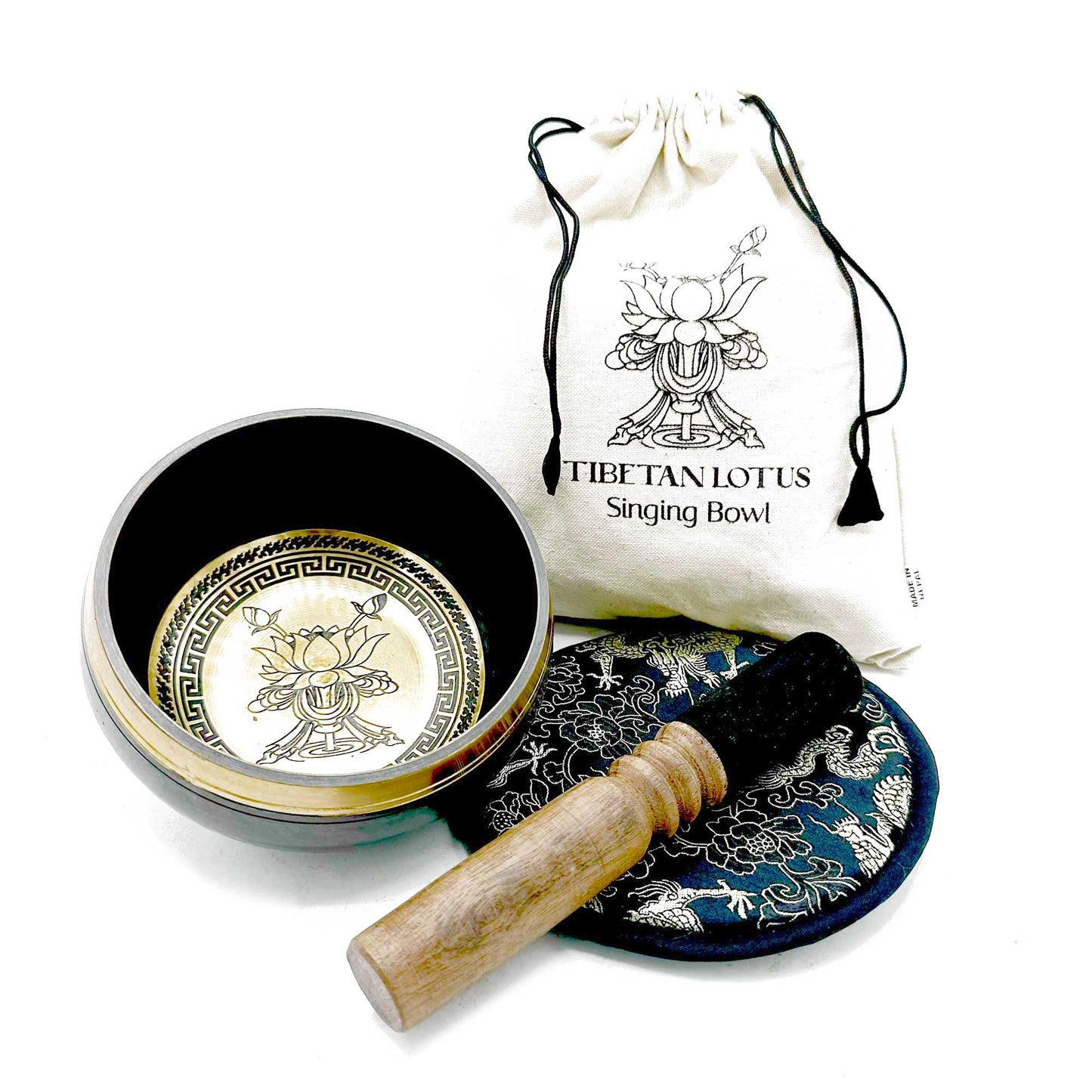 Hand Beaten & Engraved Brass Singing Bowl Gift Set - Lotus Flower