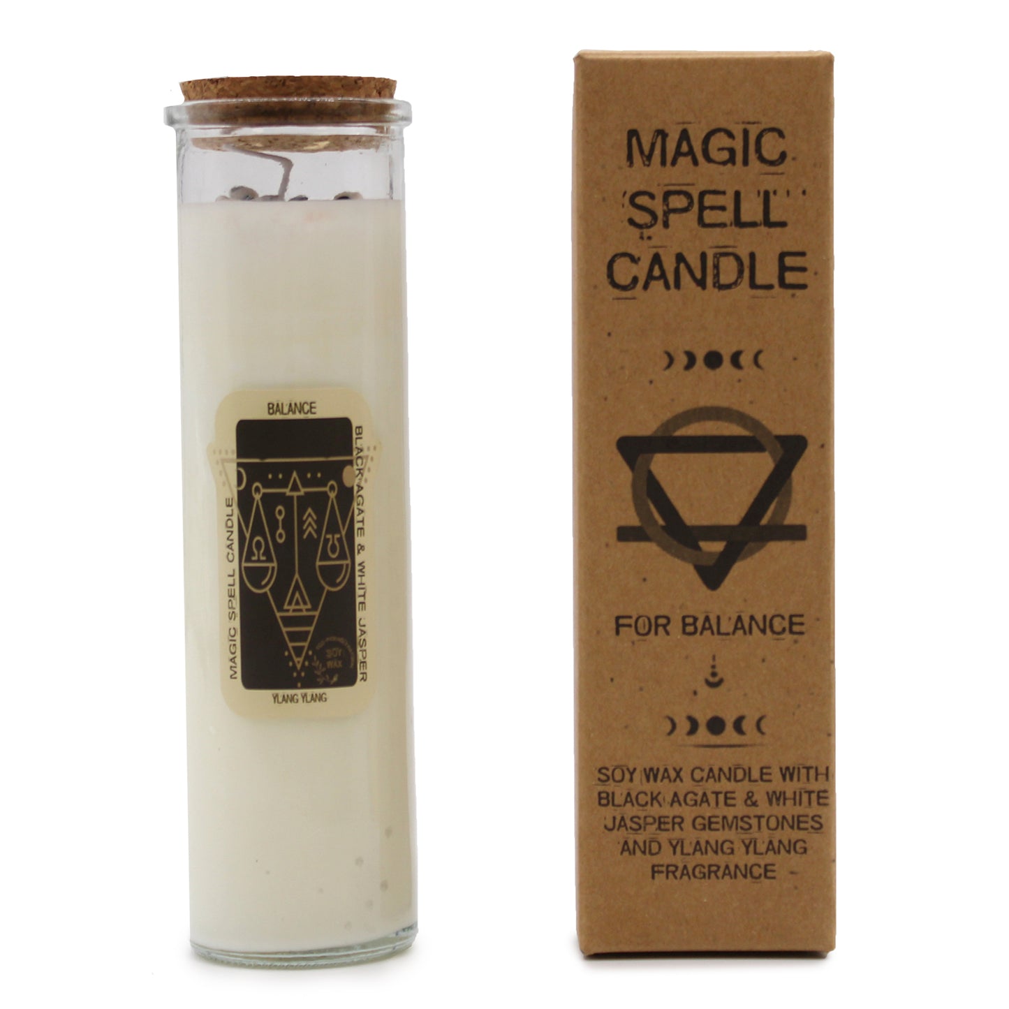 BALANCE Magic Spell Soy wax Candle with BLACK AGATE; WHITE JASPER gemstones and YLANG YLANG fragrance