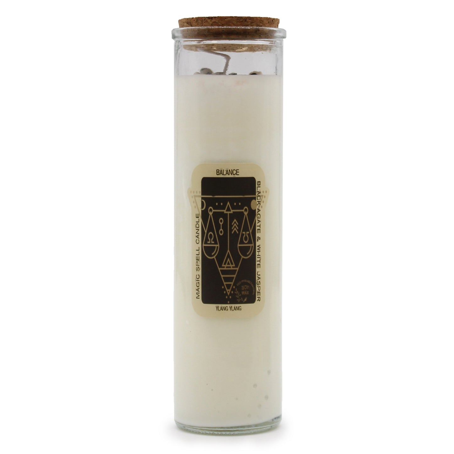 BALANCE Magic Spell Soy wax Candle with BLACK AGATE; WHITE JASPER gemstones and YLANG YLANG fragrance