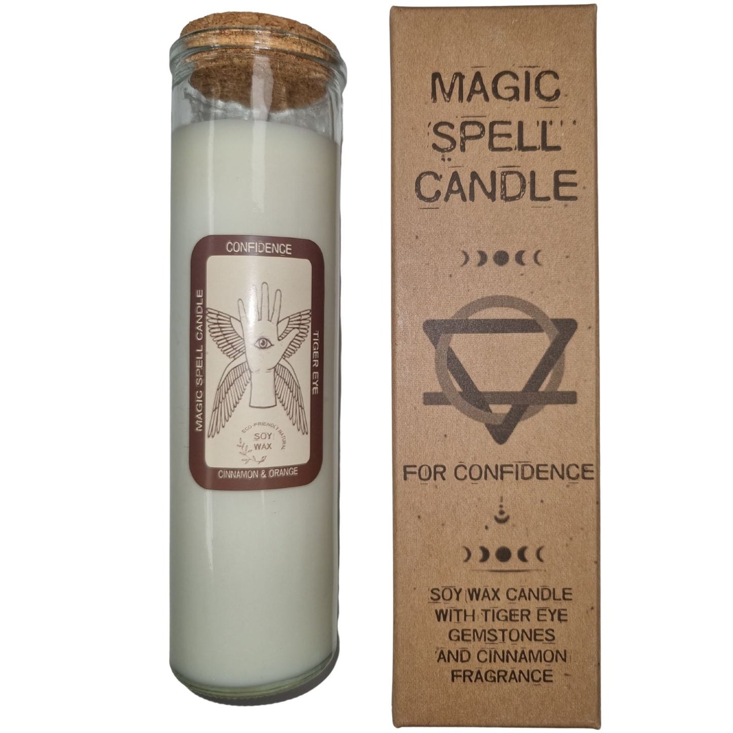 CONFIDENCE Magic Spell Soy wax Candle with TIGER EYE gemstones; CINNAMON fragrance