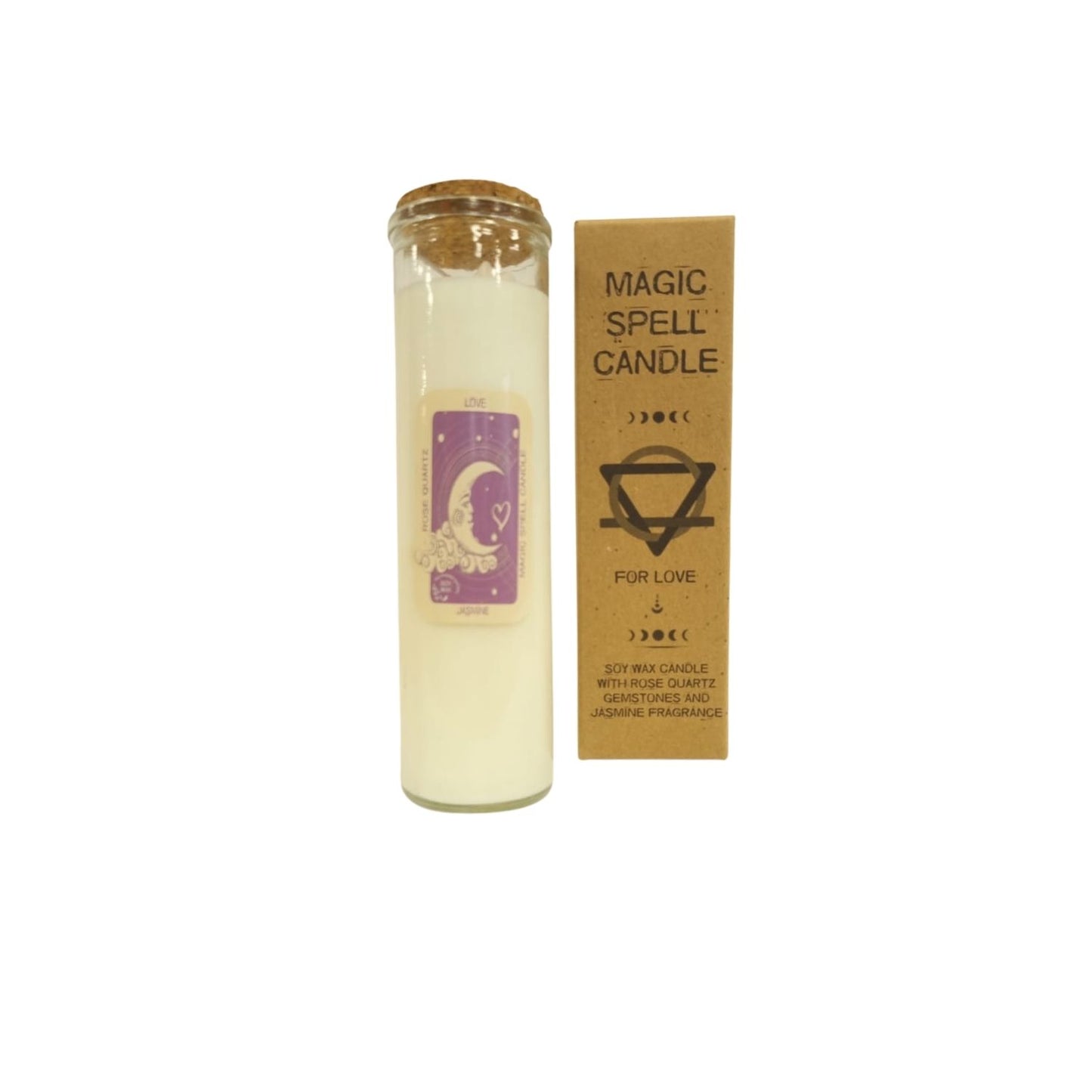 LOVE Magic Spell Soy Wax Candle with ROSE QUARTZ gemstones; JASMINE fragrance