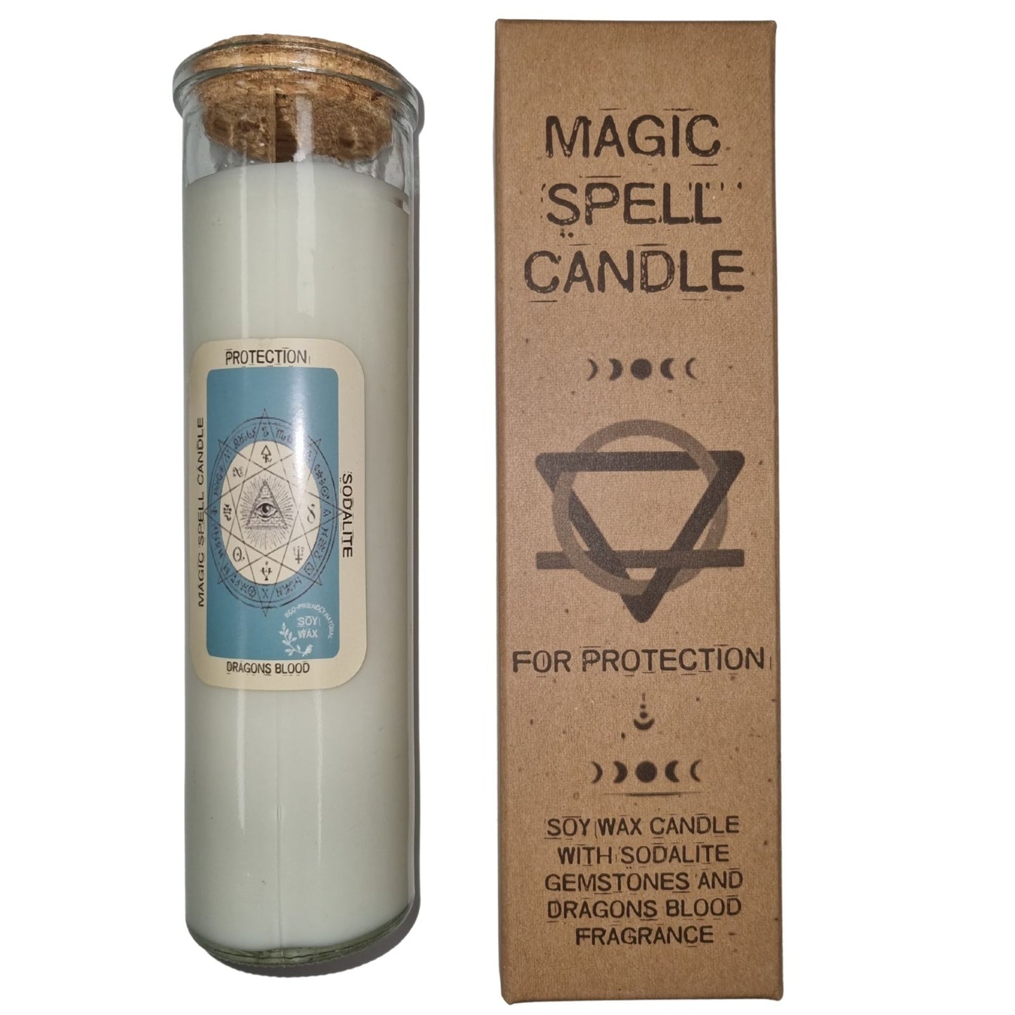 PROTECTION Magic Spell Soy wax Candle with SODALITE gemstones; DRAGONS BLOOD fragrance