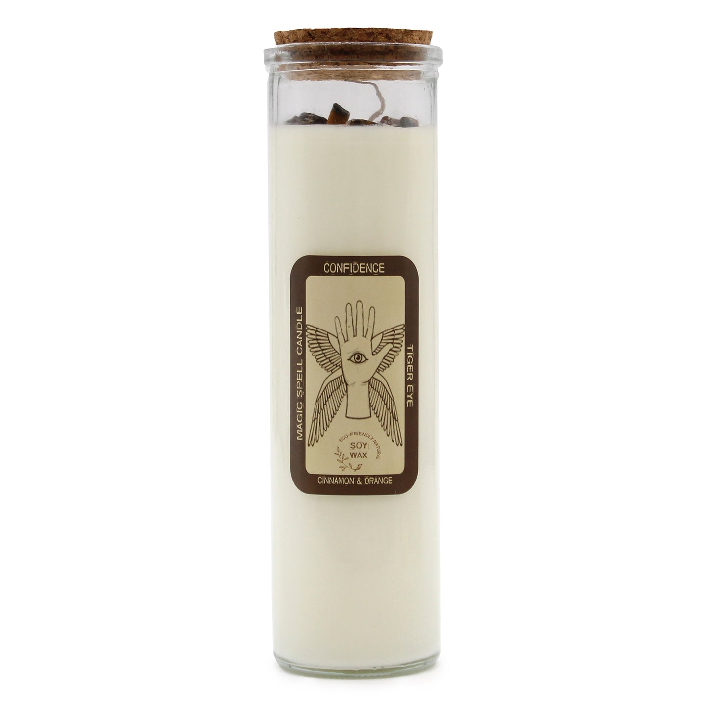CONFIDENCE Magic Spell Soy wax Candle with TIGER EYE gemstones; CINNAMON fragrance