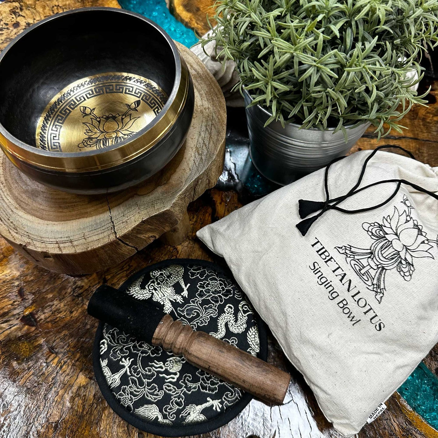 Hand Beaten & Engraved Brass Singing Bowl Gift Set - Lotus Flower