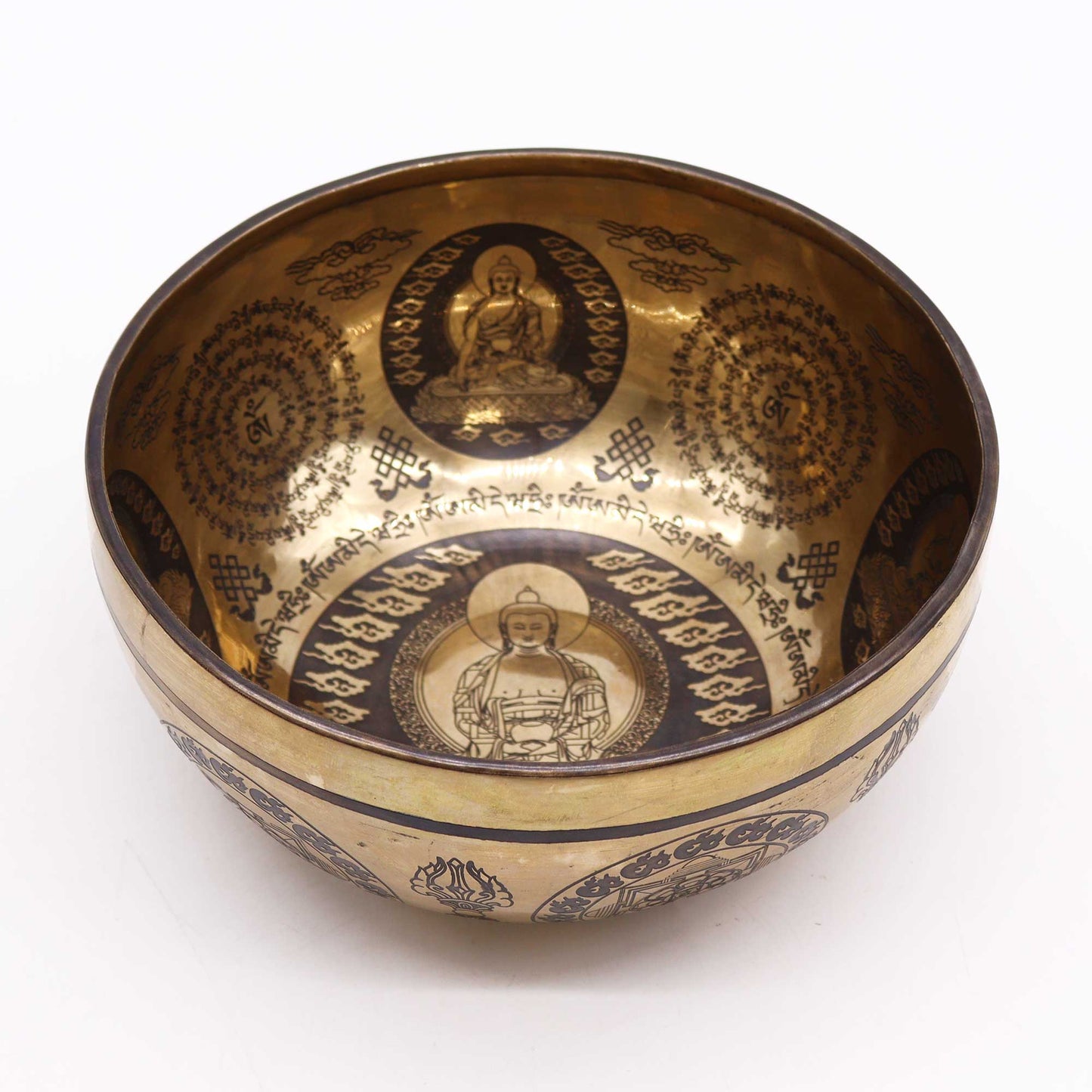Tibetan Healing Engraved Brass Bowl - 5 Buddhas