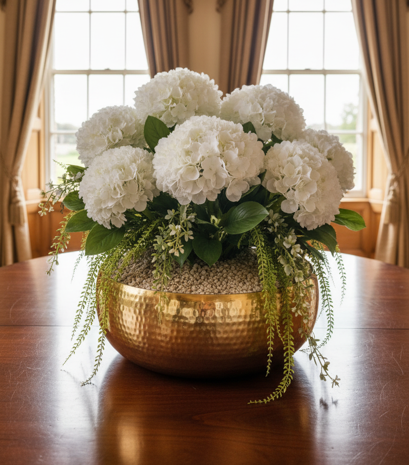 Lush white hydrangea arrangement with cascading green foliage in a hammered gold bowl, styled in an elegant traditional interior setting