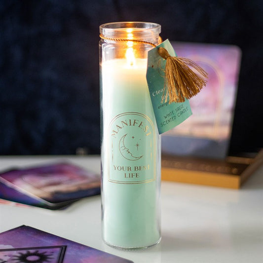 Manifestation White Sage Tube Candle with Clear Quartz