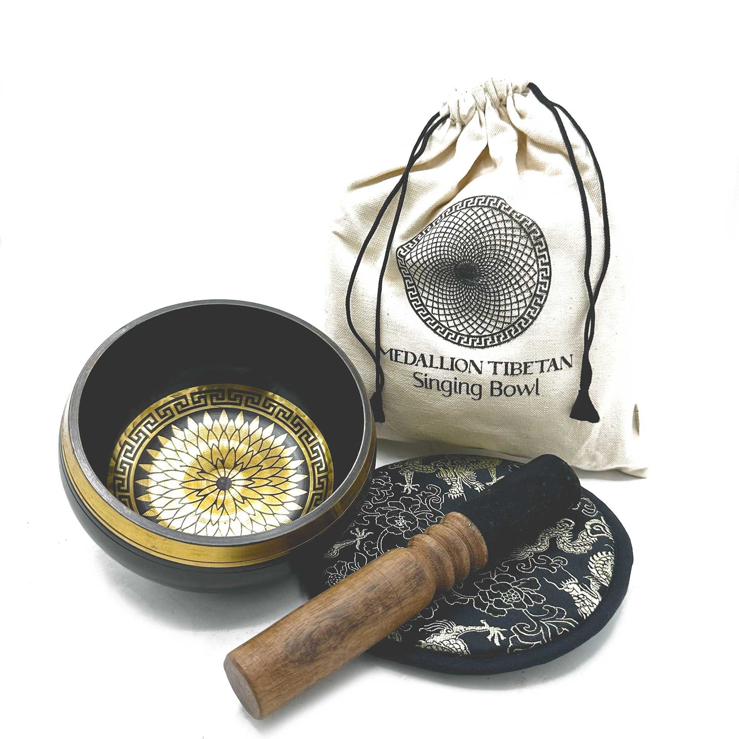 Hand Beaten & Engraved Brass Singing Bowl Gift Set - Round Medallions