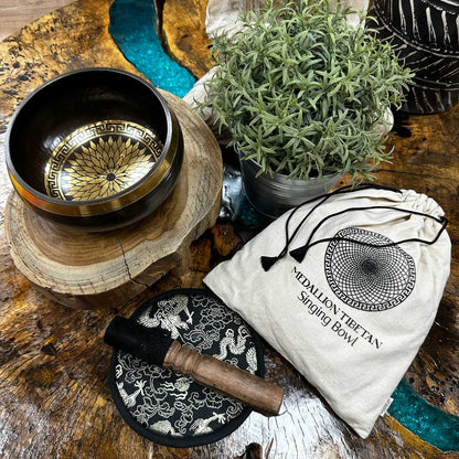 Hand Beaten & Engraved Brass Singing Bowl Gift Set - Round Medallions