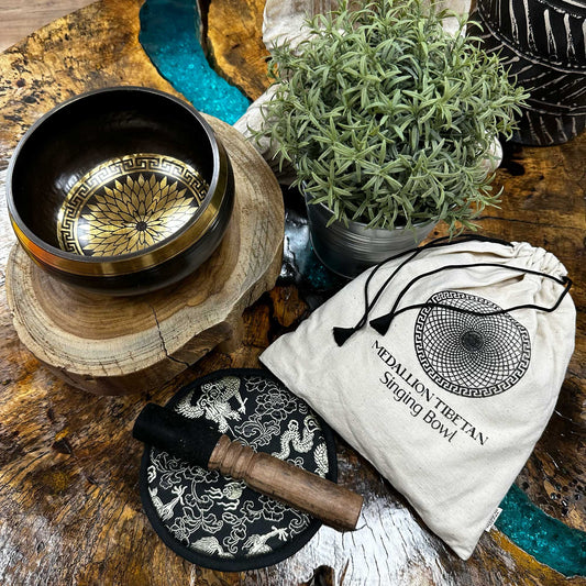 Hand Beaten & Engraved Brass Singing Bowl Gift Set - Round Medallions