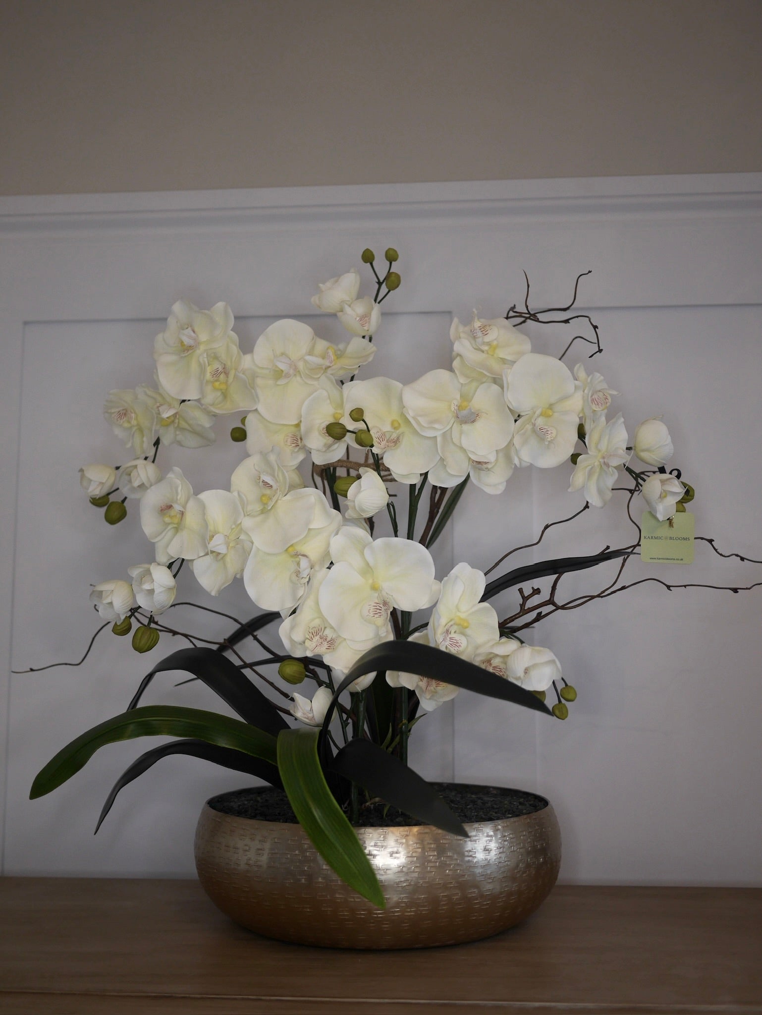 Crème Blush Orchid large faux blush pink orchid display with genuine rose quartz crystal base