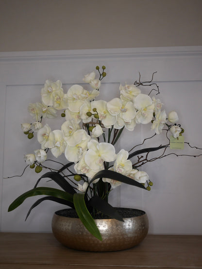 Crème Blush Orchid large faux blush pink orchid display with genuine rose quartz crystal base