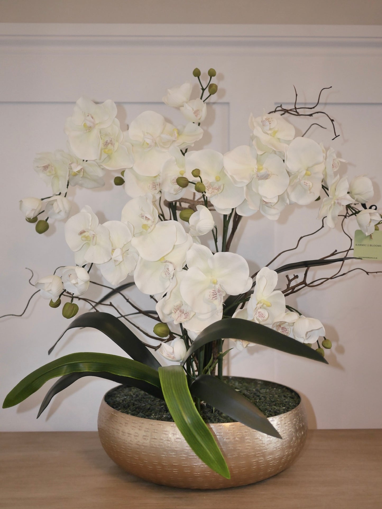 Crème Elite Orchid large faux orchid display in champagne gold planter with genuine green aventurine crystal base