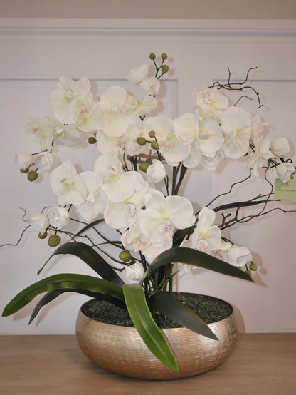 Crème Elite Orchid large faux orchid display in champagne gold planter with genuine green aventurine crystal base