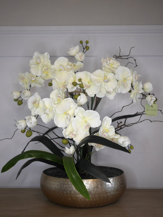 Crème Noir Orchid bespoke faux orchid arrangement with dark crystal bed styled in a luxury interior setting