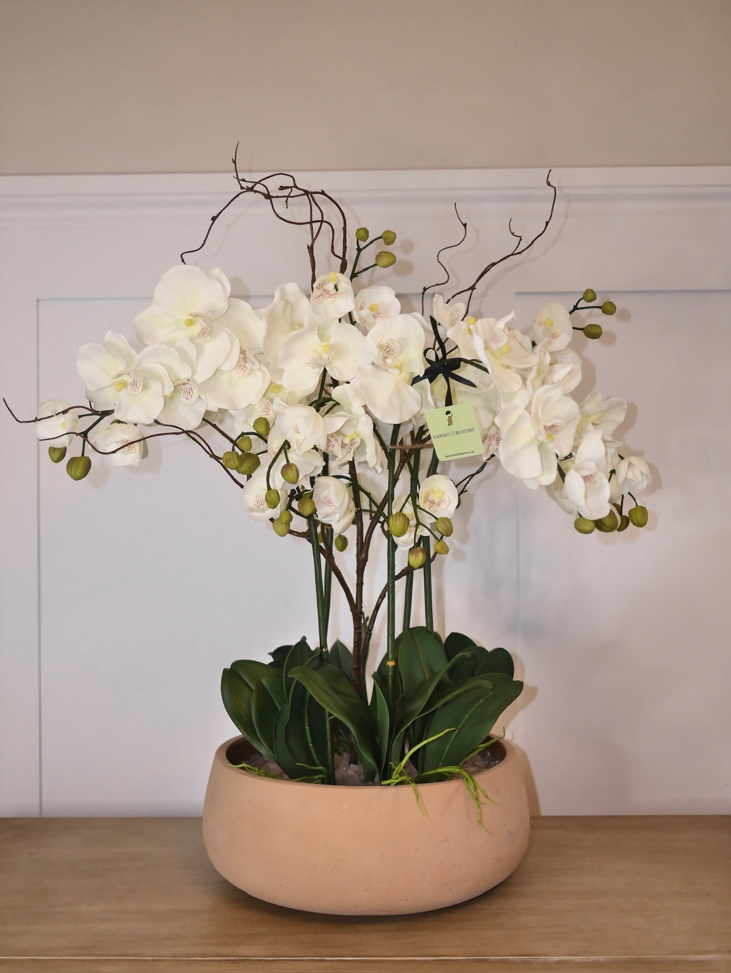 Halo Blush Orchid large faux blush pink orchid display with genuine rose quartz crystal base