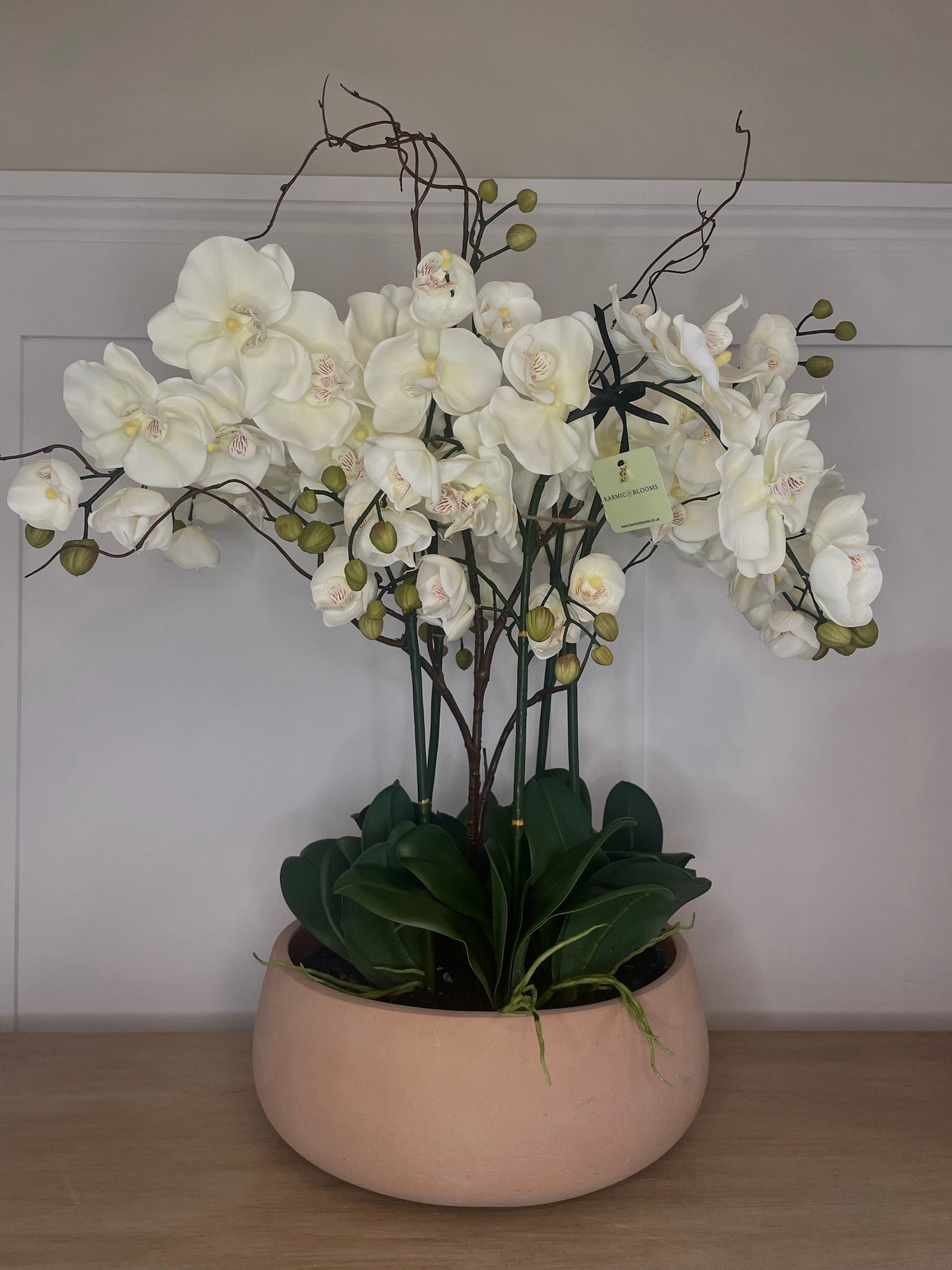Halo Noir Orchid large faux orchid display with genuine black tourmaline crystal base