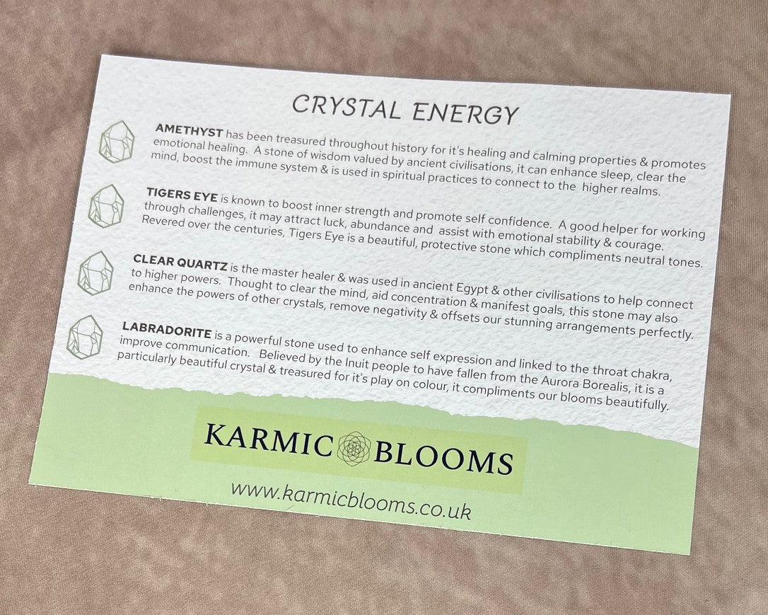 Karmic Blooms clear quartz crystal properties card detailing the healing and spiritual associations of the stone