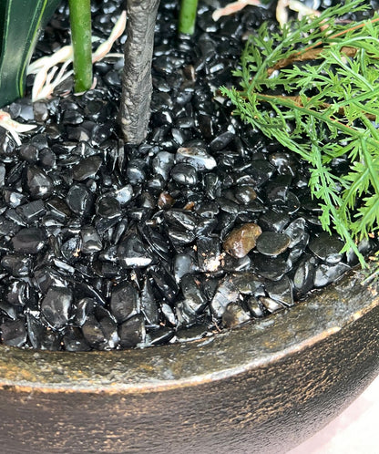 Kensington Noir Orchid close up of genuine black tourmaline crystal bed resin-set to a high gloss finish