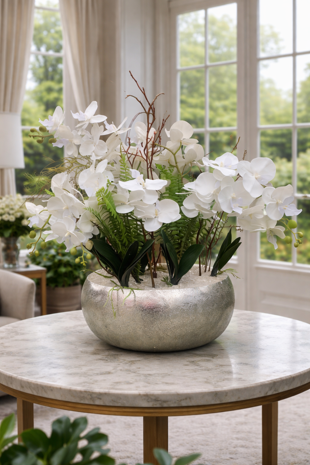 Mayfair Pavilion Orchid bespoke faux orchid arrangement with clear quartz crystal bed styled in a luxury interior setting