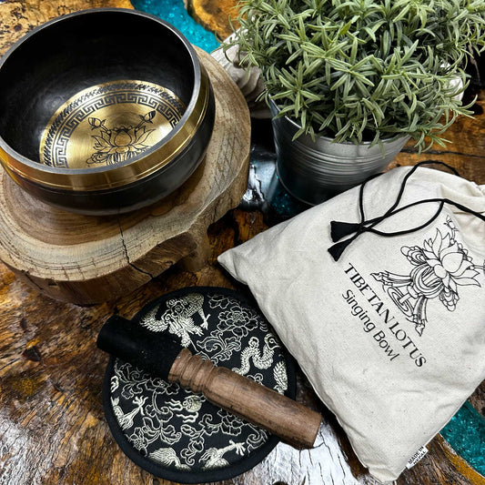 Hand Beaten & Engraved Brass Singing Bowl Gift Set - Lotus Flower